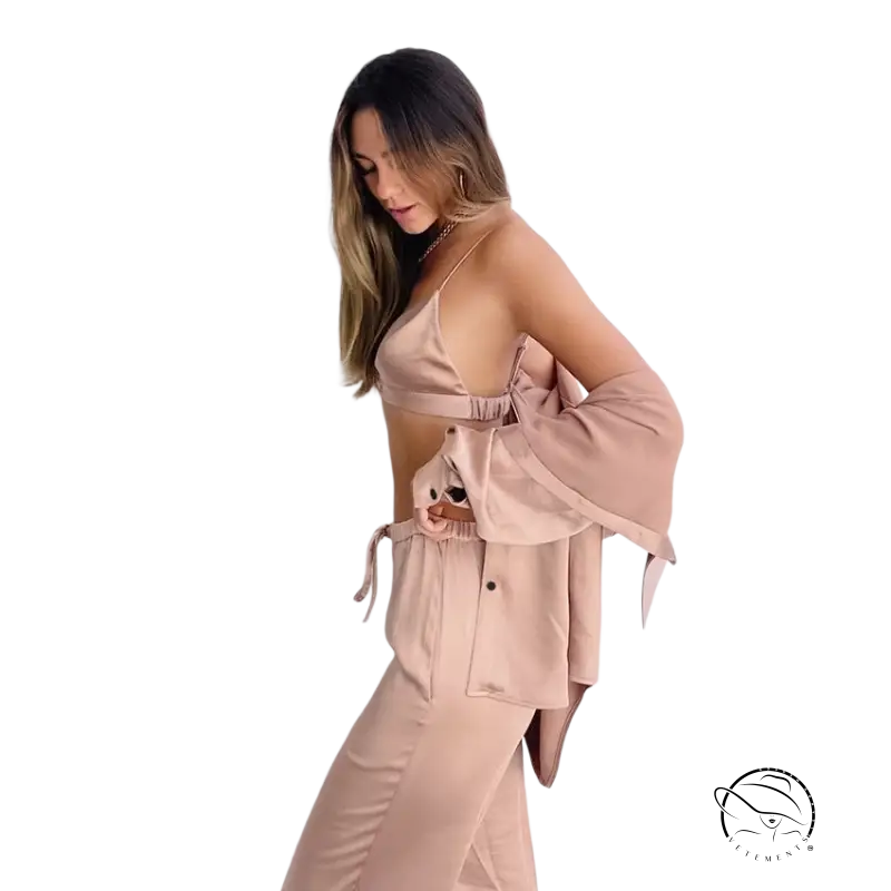 Light brown three piece pajamas with collared shirt and long pants set