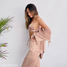 Light Brown Three Piece Pajamas featuring a Collared Shirt and Long Pants Set