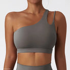 Light Gray Blue one-shoulder sports bra with cutout back in sporty polyester design