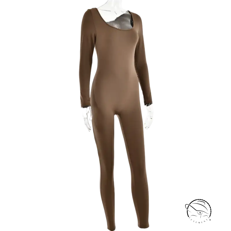Brown sexy soft jumpsuit with long sleeves and legs for spring/fall