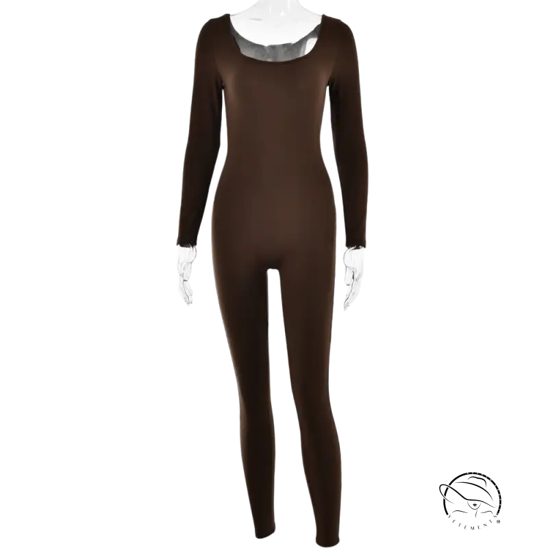 Sexy soft light gray long-sleeved bodycon jumpsuit with full-length legs