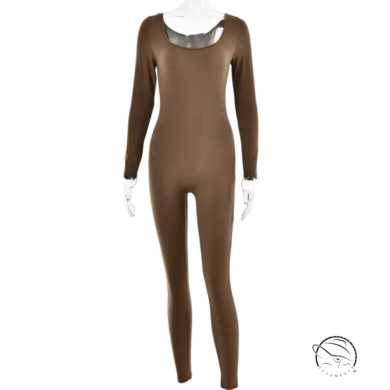 Brown sexy soft jumpsuit with long sleeves and legs for spring and fall