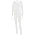 Light gray soft jumpsuit with long sleeves for spring and fall fashion styling