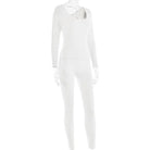 White full-body mannequin showcasing a light gray soft jumpsuit with long sleeves
