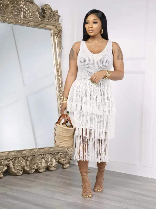 White fringed knit dress, elegant knitted beach dress with fringe detail for summer wear