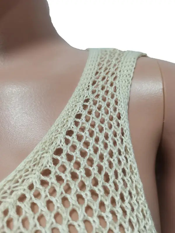 Light green crocheted tank top from the Knitted Beach Dress with Elegant Fringe Detail