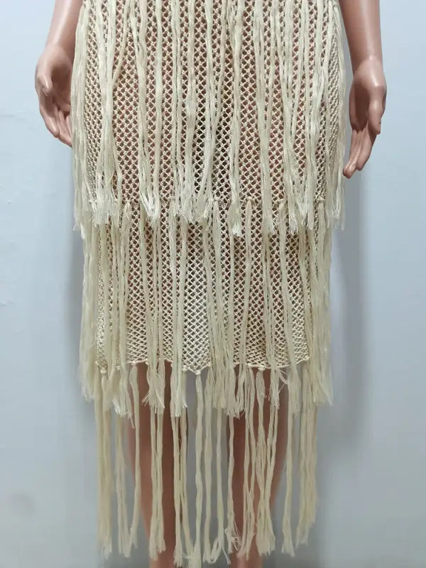 Beige crocheted fringe dress, elegant knitted beach dress with stylish fringe detail