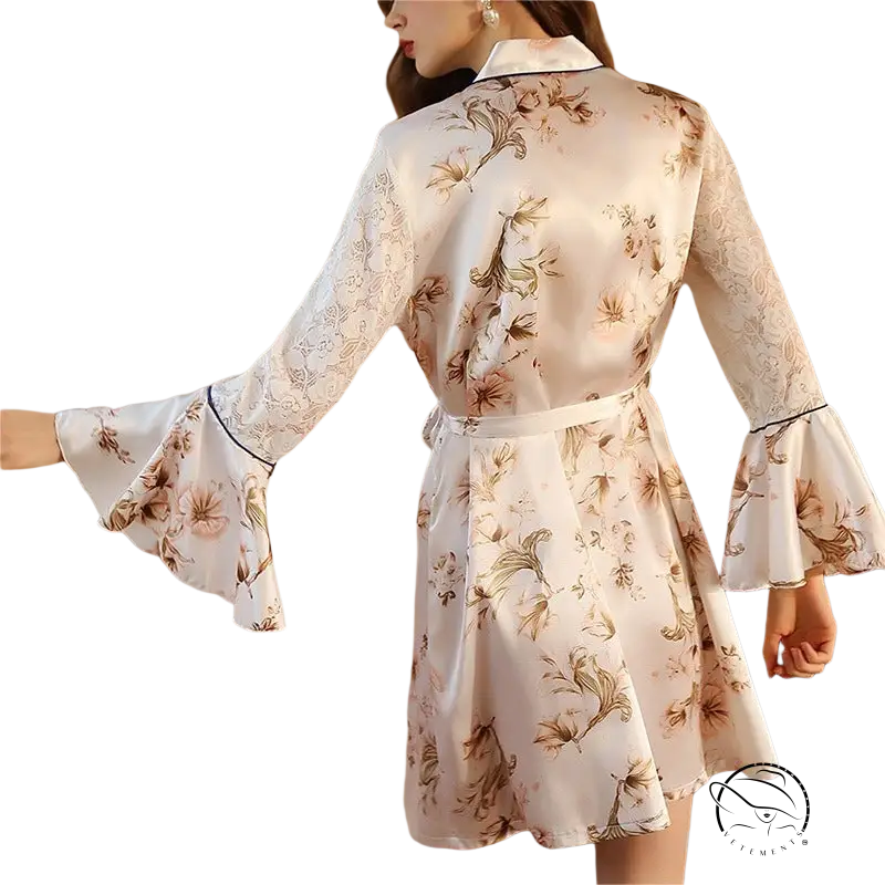 Light satin nightgown in white satin with brown gold floral pattern, bell sleeves and belt