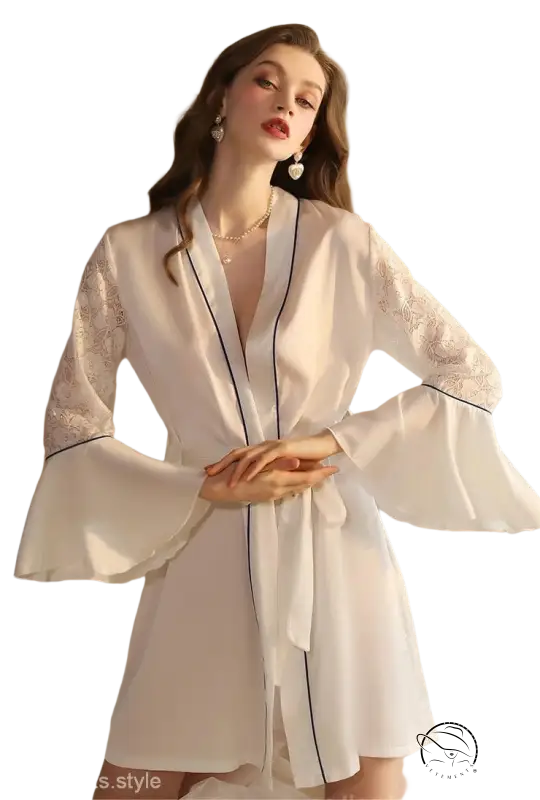 Light satin nightgown in white with lace sleeves and black piping edges