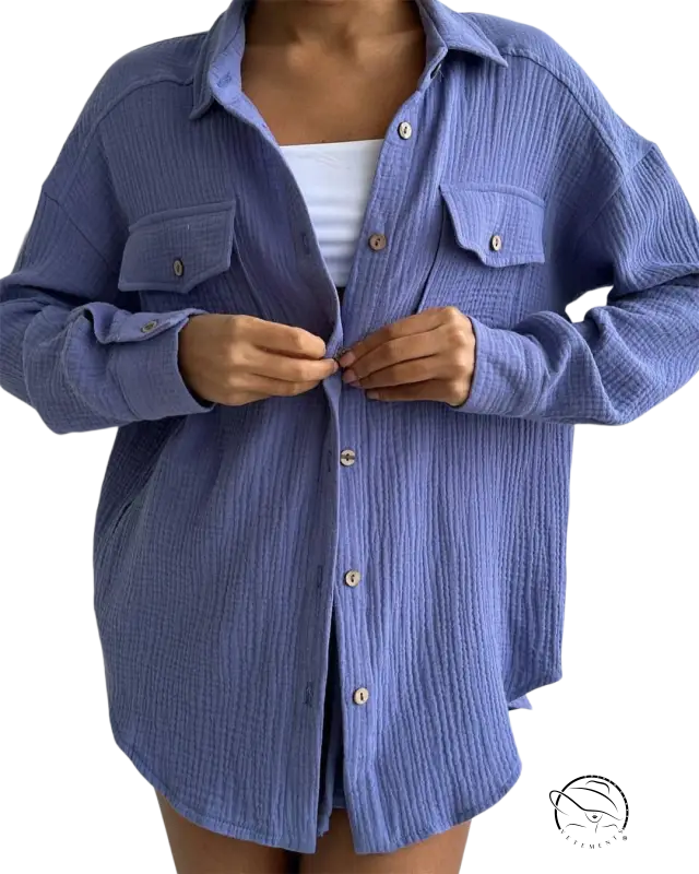 Blue textured Lisa comfy loose cotton shirt with pockets and long sleeves