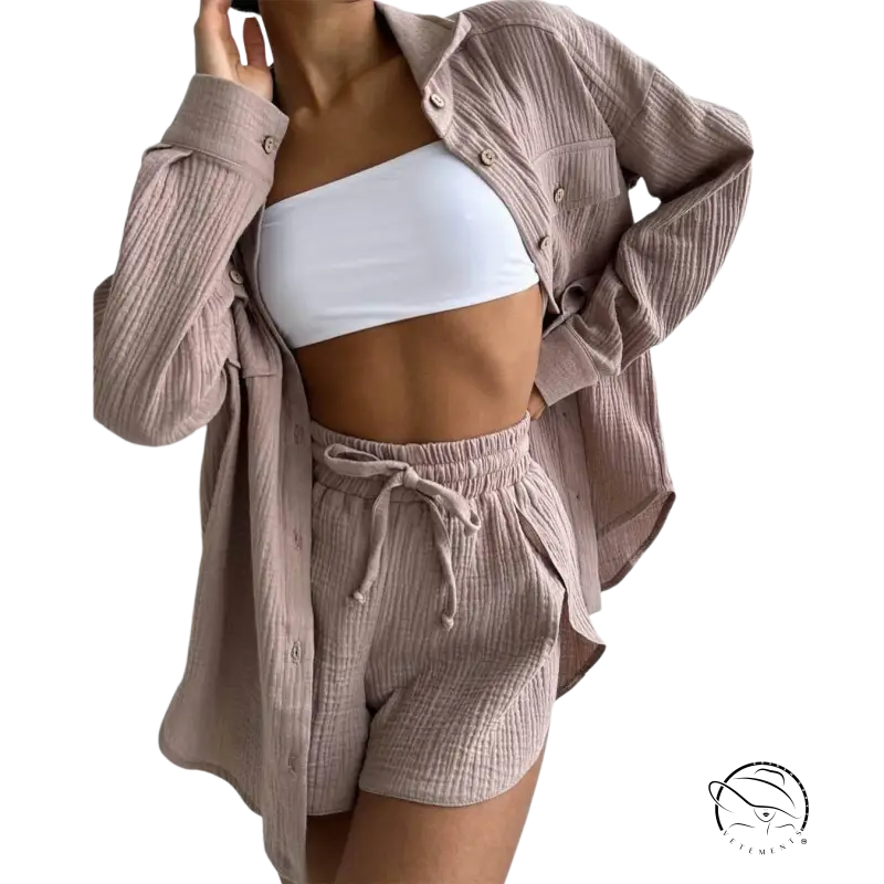 Lisa comfy loose taupe textured shirt and shorts set