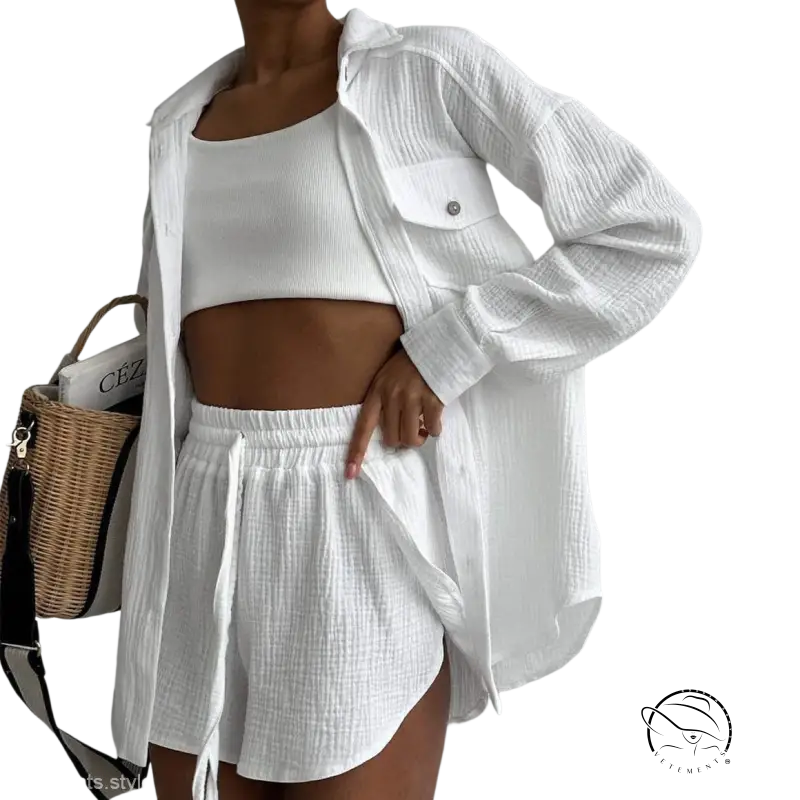 Lisa comfy loose cotton shirt with pockets, long sleeves and high waist shorts set