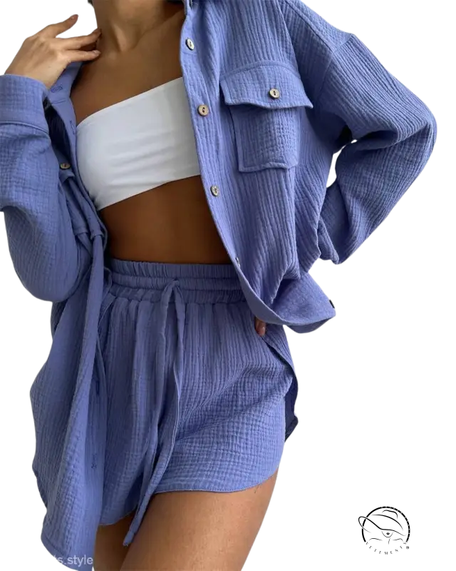 Blue textured Lisa comfy loose shirt with pockets and long sleeves