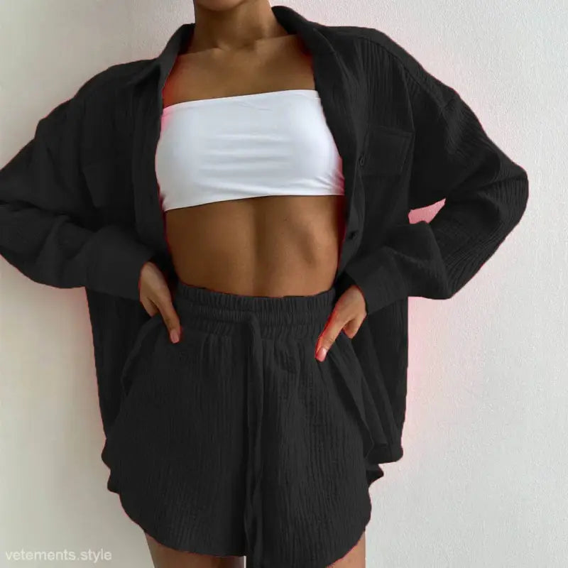 Lisa Comfy Loose Cotton Shirt with Pockets and Shorts Set for a stylish, comfy look