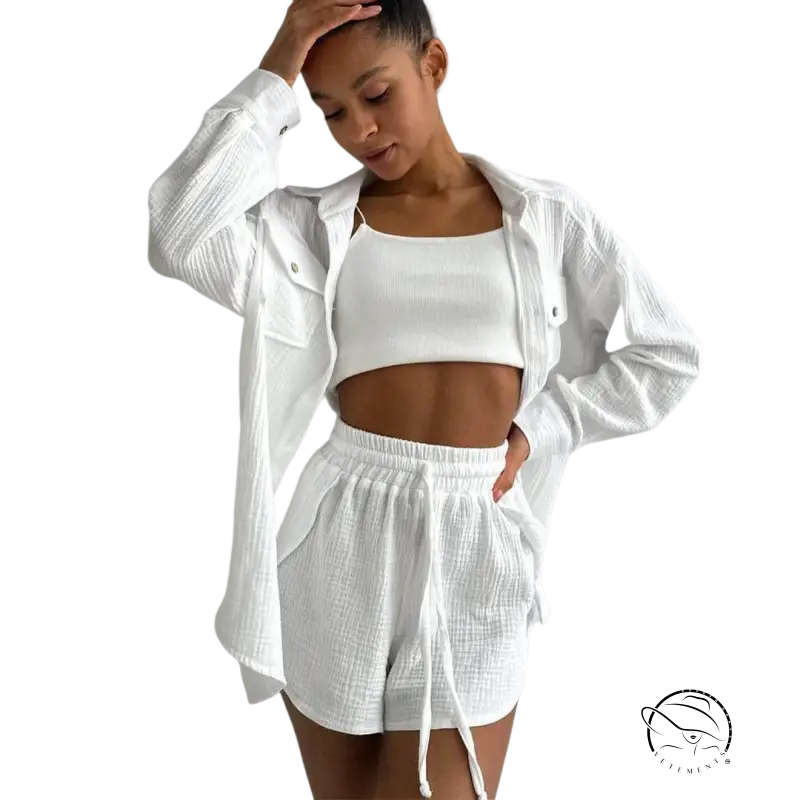 Lisa comfy loose cotton shirt with pockets, long sleeves and white shorts set