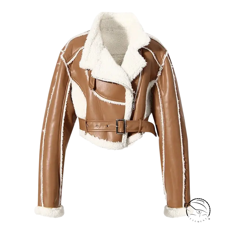 Cropped brown leather jacket with white shearling trim and belt, Locomotive Short Jacket style