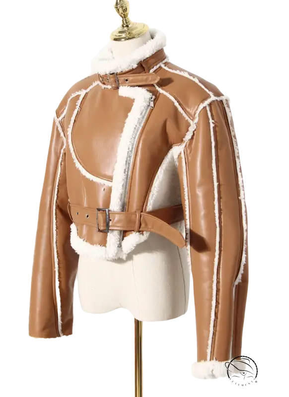 Tan leather shearling-lined Locomotive Short Jacket with buckle details and Fabulse Leather Cotton fabric