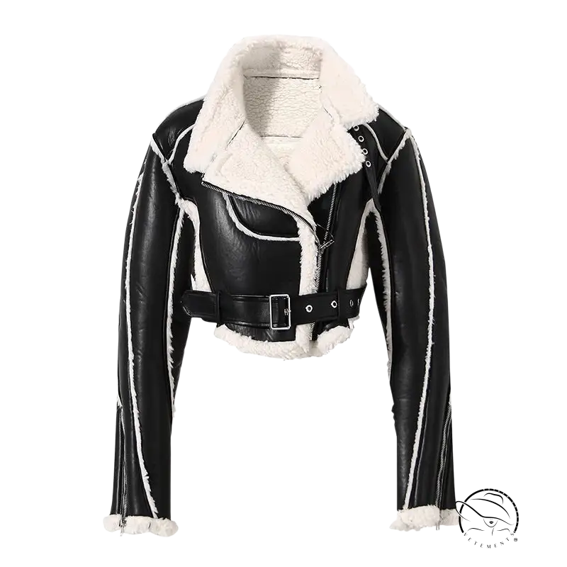 Cropped black leather motorcycle jacket with white shearling trim, belt, Locomotive Short Jacket design