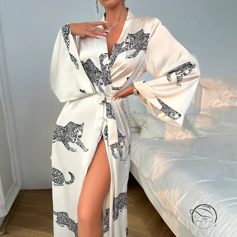 White satin robe with black leopard print, perfect for long satin night or satin night robe