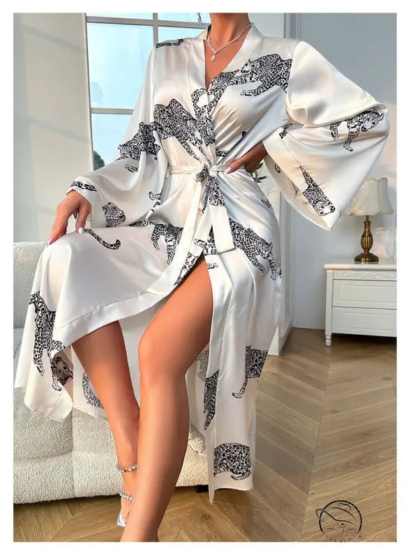 White satin night robe with black leopard print and wide sleeves for elegant spring fall wear