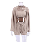 Beige three-piece knitted French Ice silk loungewear set with crop top shorts and cardigan