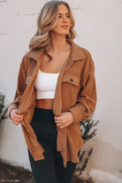 Woman’s brown corduroy long sleeve warm shacket coat for winter women clothing