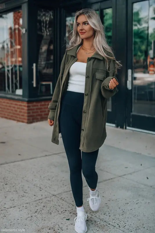 Woman wearing a Long Sleeve Warm Shacket Coat, ideal for winter women clothing