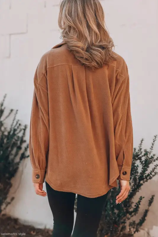 Brown corduroy long sleeve warm shacket coat, a stylish winter women clothing essential