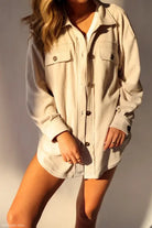 Beige long sleeve warm shacket coat for women, perfect for winter women clothing
