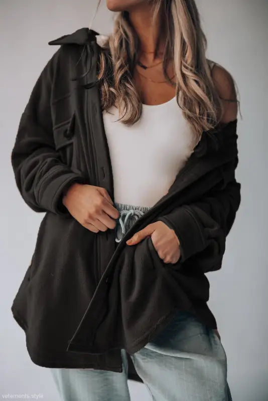 Oversized black jacket from Long Sleeve Warm Shacket Coat for Women, a winter essential