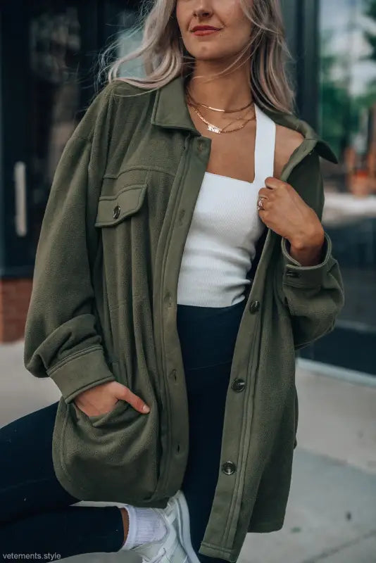 Olive green long sleeve warm shacket coat for women, ideal winter women clothing