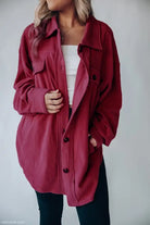 Maroon button-down fleece jacket, a stylish long sleeve warm shacket coat for winter women clothing