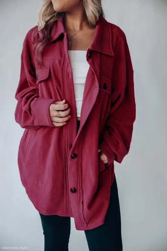 Maroon button-down fleece jacket, a stylish long sleeve warm shacket coat for winter women clothing