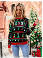 Festive Christmas sweater with colorful patterns and ESSI text, embroidered sequ long Christmas tree sweater in a loose pullover style
