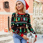 Festive embroidered sequ long Christmas tree sweater loose pullover with BLESSED text and Santa hat