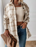 Plaid button-down shirt styled with a Loose Retro Plaid Coat for spring and fall