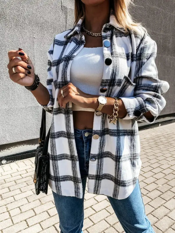 Loose Retro Plaid Coat featuring a stylish plaid button-down shirt design for spring and fall