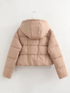 Beige hood cotton jacket, loose short design with pocket and zipper for Fall/Winter