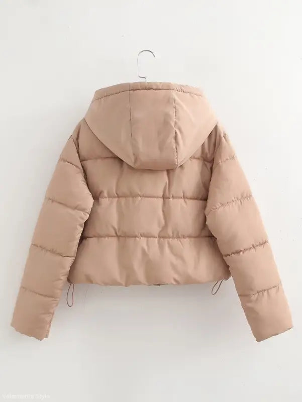 Beige hood cotton jacket, loose short design with pocket and zipper for Fall/Winter