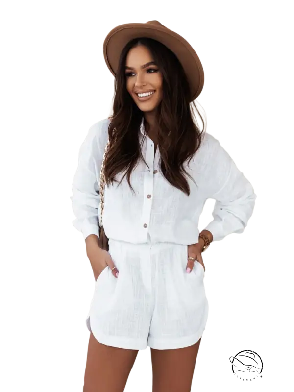 Los Angeles casual summer loose white linen button-up romper with rolled sleeves and pockets