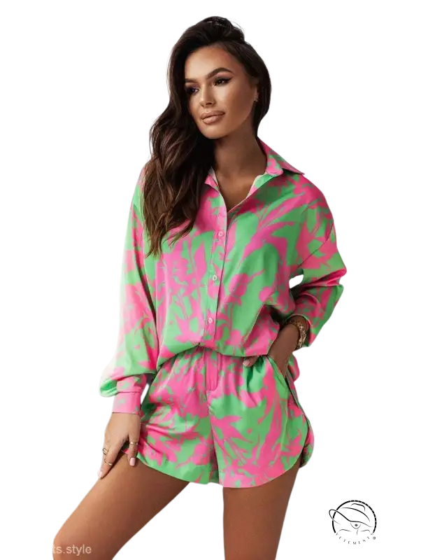 Los Angeles casual summer loose shirt in vibrant pink and green abstract pattern