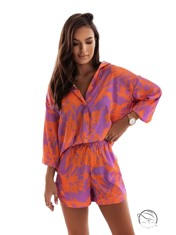 Los Angeles casual summer loose cotton romper in orange purple leaf pattern
