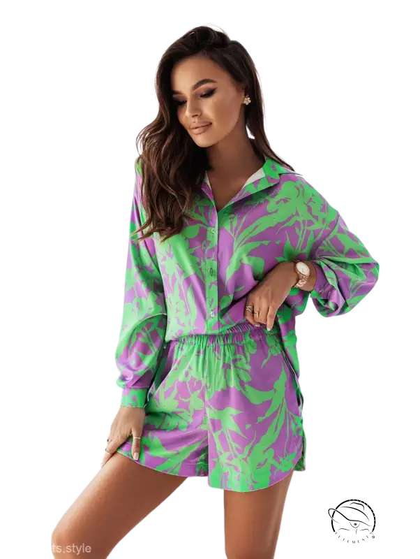Los Angeles casual summer loose green purple leaf satin pajama shirt