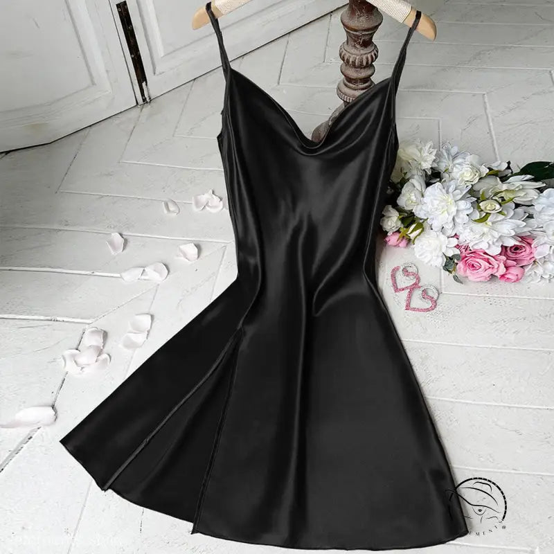 Black satin cowl neck slip dress with side slit from Lounge Regular Long Ice Silk collection