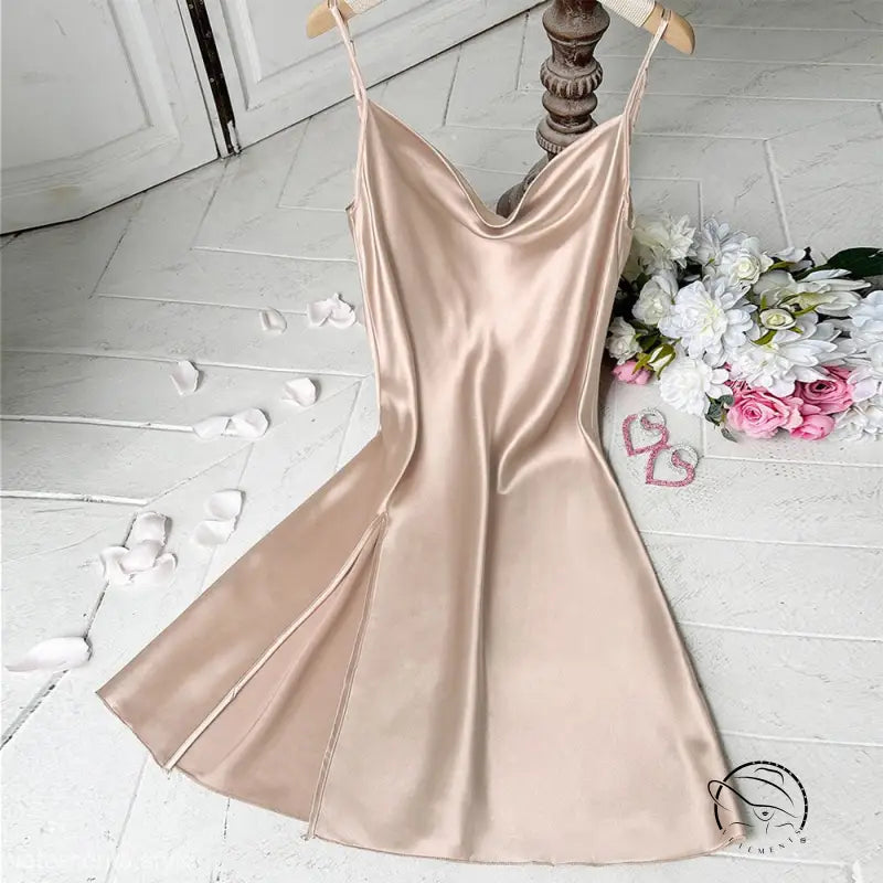 Elegant champagne satin cowl neck slip dress with side slit in Lounge Regular Long Ice Silk design