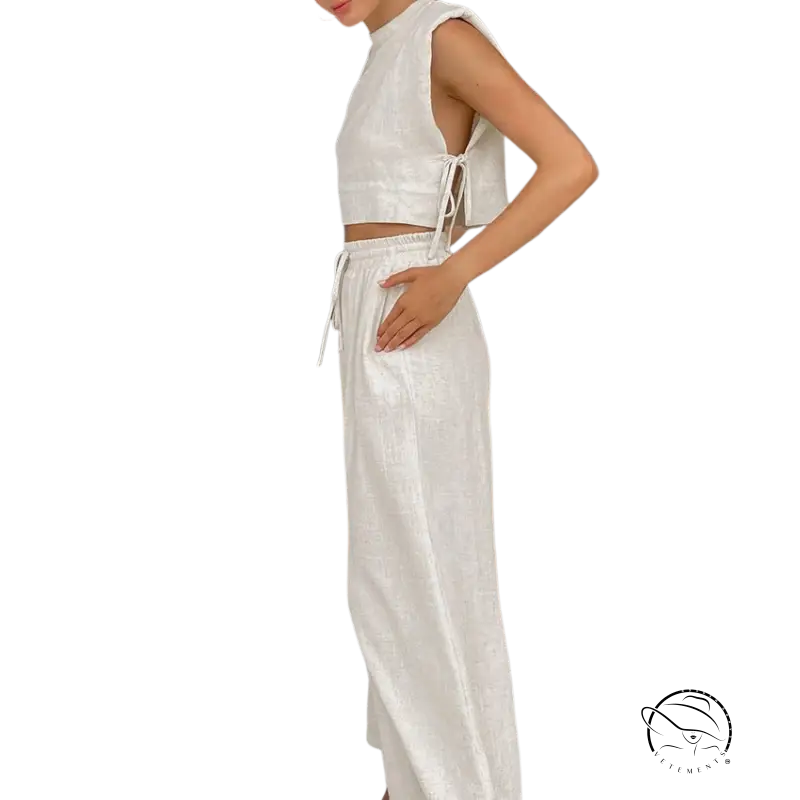 White Maldives cotton suit set in casual linen style for summer