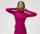 Magenta athletic zip-up jacket perfect for tight waist yoga and Matcha Green style