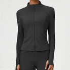 Black athletic zip-up jacket from the Matcha Green Long Sleeve Coat with tight waist design
