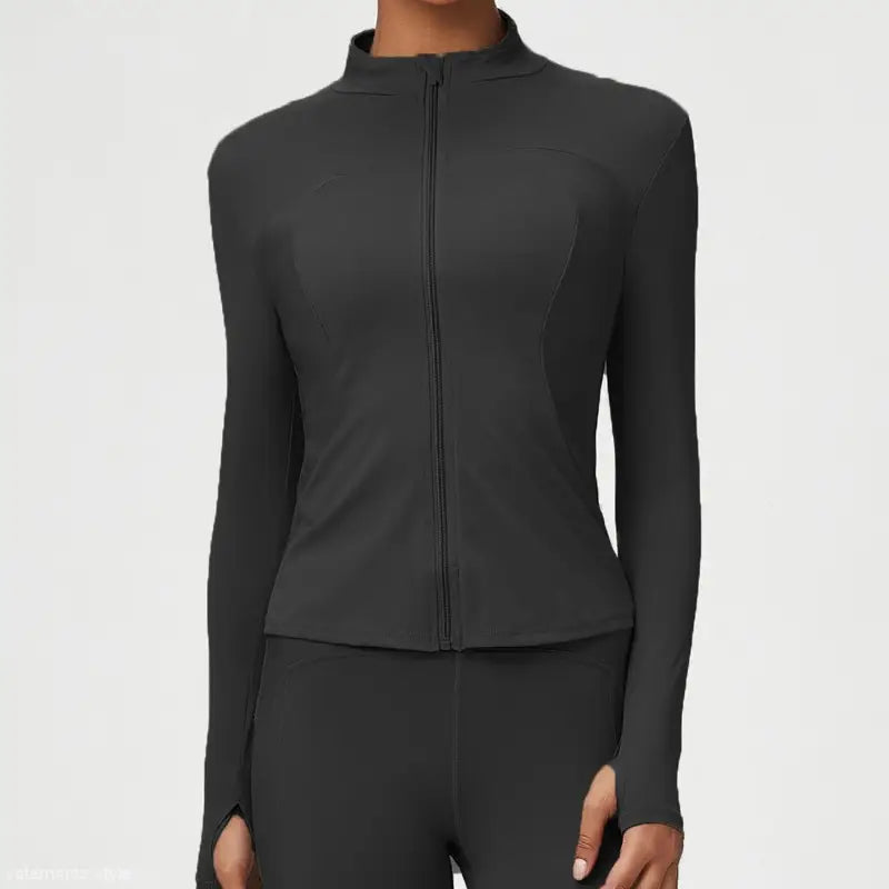 Black athletic zip-up jacket from the Matcha Green Long Sleeve Coat with tight waist design