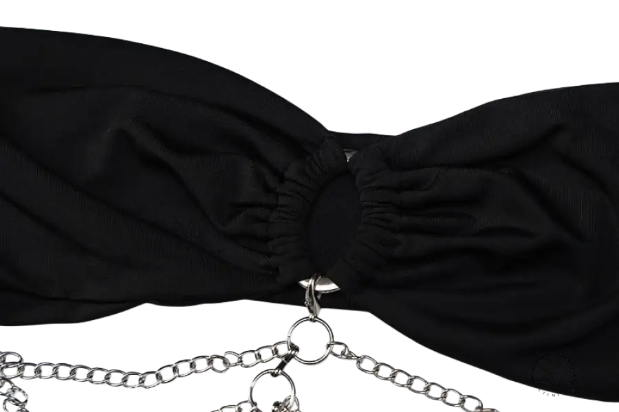 Metal chain halter dress with black strapless top and silver chains